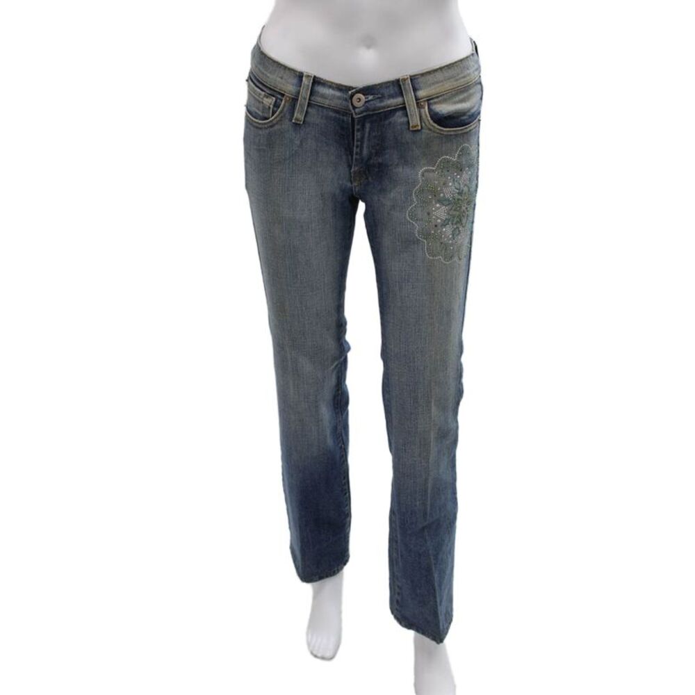 Carlos Miele Womens Straight Floral Blue Cotton Jeans Mid Rise 30 Size 36